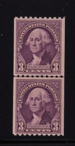 1932 Washington 3c purple Sc 722 pf 10 horizontal, coil LINE pair MNH (L2