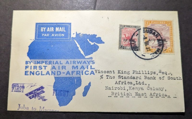 1931 Sudan Airmail First Flight Cover FFC Juba to Nairobi Kenya British KUT