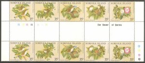 NORFOLK ISL Sc# 287 var MNH FVF Gutter Strip Birds Branch Fruit leaves