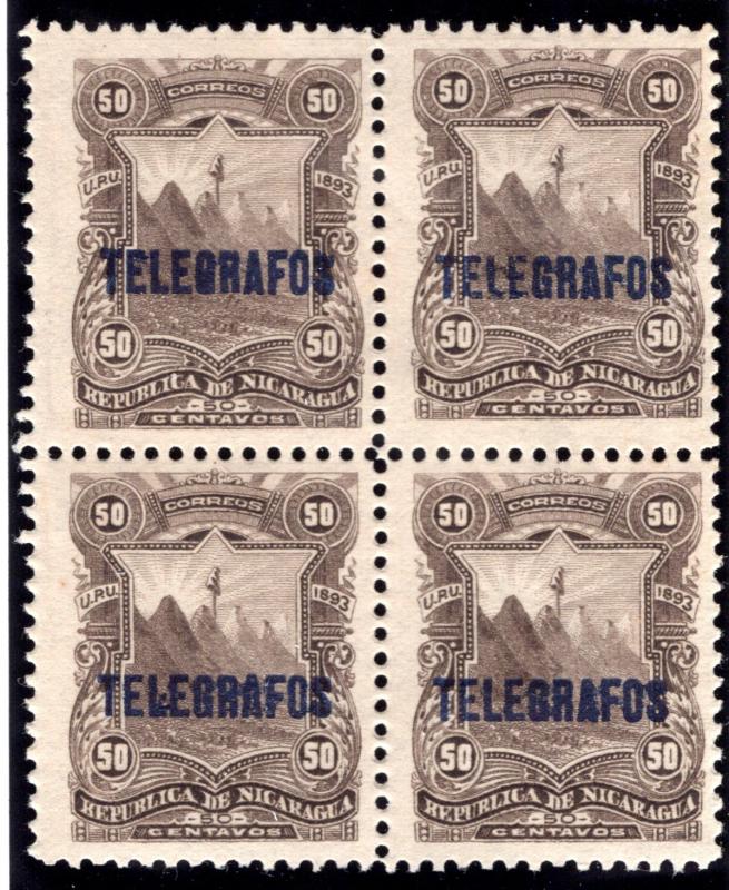 RH#32, H32, Type 6 - 50c sepia - MNHOG - block - Nicaragua Telegraph Revenue