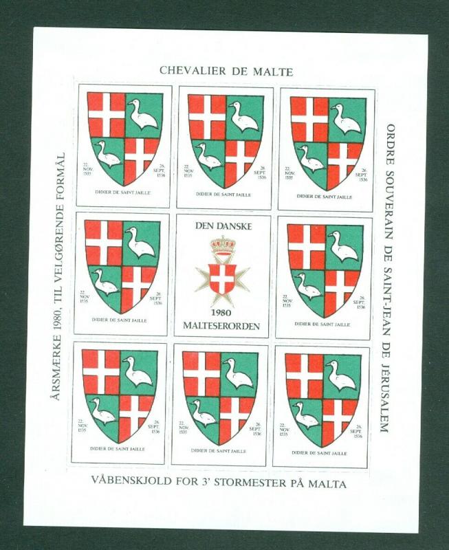 Denmark. Poster Stamp Sheet MH 1980. Danish Maltese,Souverain Order.Coats,Arms.