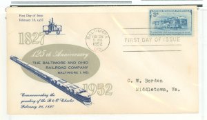 US 1006 1952 3c 125th Anniversary of the Baltimore and Ohio Railroad Comany, Cacheted FDC