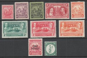 Barbados Sc 154/J1 MLH. 1921-35 issues, 10 different early singles, fresh, F-VF