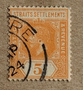 Straits Settlements 1921 KGV 5c orange die I, used. Scott 186a, CV $0.25. SG 225