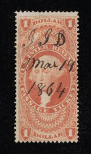 EXCELLENT GENUINE SCOTT R74c F-VF 1862-71 RED 1ST ISSUE REV PASSAGE TICKET #8601