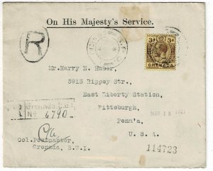 Grenada 1921 GPO cancel on registered OHMS cover to the U.S., SG 96, Scott 89