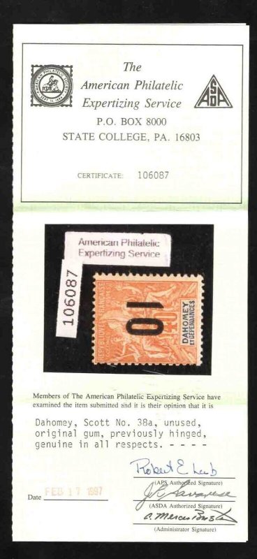 MOMEN: FRENCH COLONIES DAHOMEY SC #38a INVERTED MINT OG H APS CERT LOT #65996