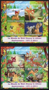 Central African 2011 The World of Walt Disney 2 Sheetlets of 4 each IMPERF.MNH
