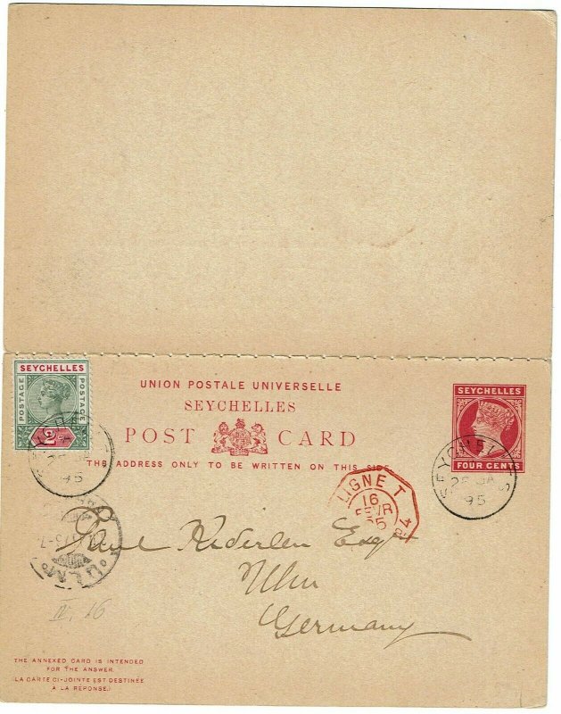 Seychelles 1895 cancel on postal reply card to Germany, French maritime cancel