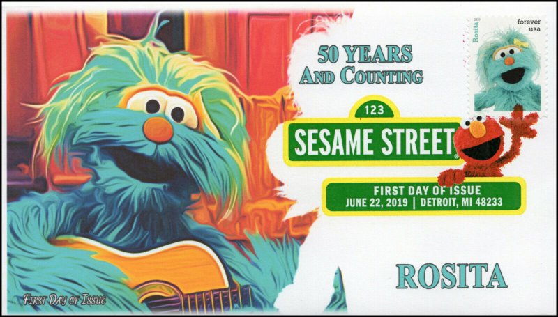 19-164, 2019, Sesame Street, Digital Color Postmark, FDC, Rosita, 50 Years