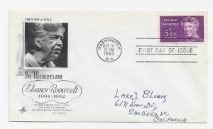 US 1236 (Me-3) 5c Eleanor Roosevelt single on FDC Artcraft Cachet ECV $5.00