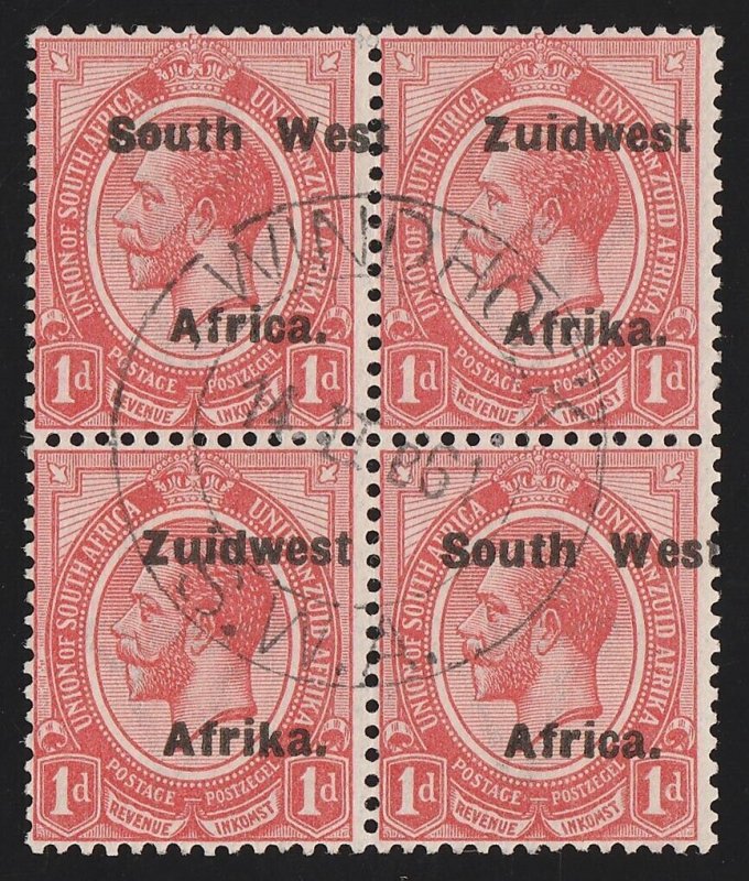 SOUTH WEST AFRICA 1923 setting VI KGV 1d block, error misplaced to right.