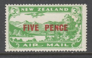 New Zealand Sc C4 MLH. 1931 5p on 3p yellow green Air Mail, perf 14x14½,small HR