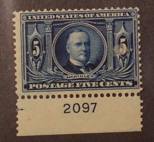 Scott 326 - 5 Cents McKinley - OG MH - Plate # Single - Nice Stamp - SCV $70.00