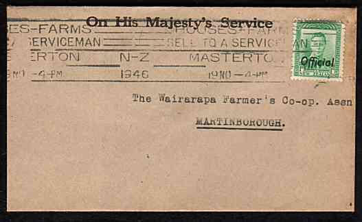 NEW ZEALAND 1946 small OHMS cover, GVI 1d OFFICIAL, Masterton pmk..........33530