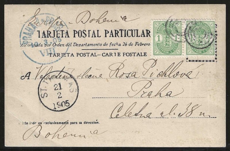 Danish West Indies, 1905, #21 Pair Used on St. Thomas Postcard, Sent to Bohemia 