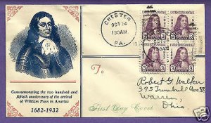 724  WILLIAM PENN 3c BLK/4 1932, CHESTER, PA., LINPRINT FIRST DAY COVE...