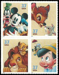 PCBstamps   US #3865/3868a Block $1.48(4x37c)Disney Characters, MNH, (2)