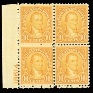 United States, 1910-30 #642 Cat$17, 1927 10c orange, plate block of four, hin...