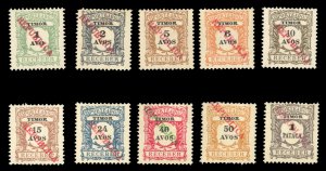 Portuguese Colonies, Timor #J21-30 Cat$97, 1913 Republica overprints, complet...