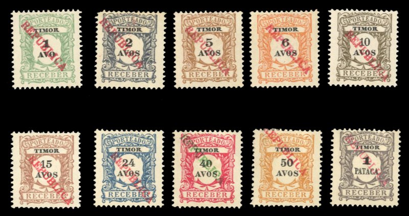 Portuguese Colonies, Timor #J21-30 Cat$97, 1913 Republica overprints, complet...