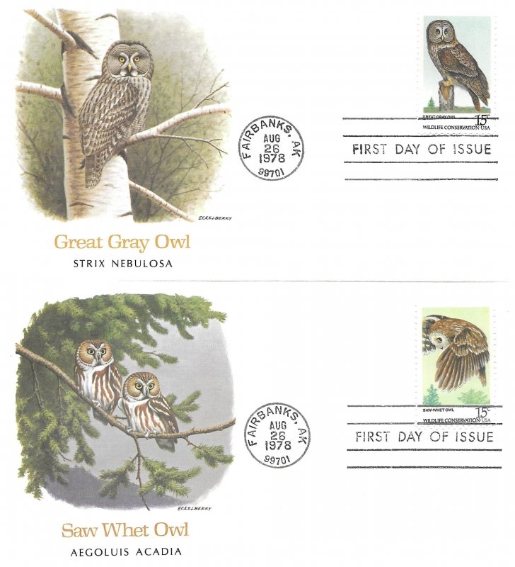 1978 FDC, #1760-1763, 1763a, 13c American Owls, Fleetwood (5)