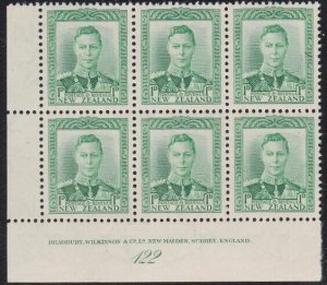 NEW ZEALAND GVI 1d green plate block #122  MNH.............................A6782