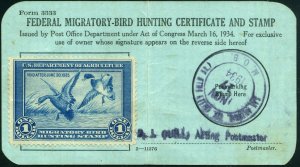 RW1 1934 FEDERAL DUCK  FORM 3333 SAN ANTONIO TX M.O.B. NOV 17 1934 LIGHT CREASE