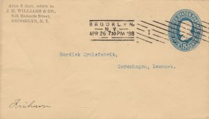 U.S. 1898 Brooklyn Cancel J.H. Williams & Co. Pre Paid Envelope to Denmark 45666