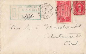 Canada 1942 WWII St. Thomas MPO 101 Registered Military Cover to Chatsworth
