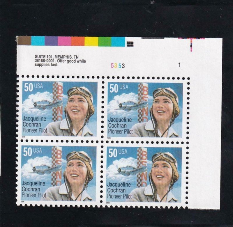 50c Jacqueline Cochran, Plate Block/4, Sc #3066, MNH (8190)