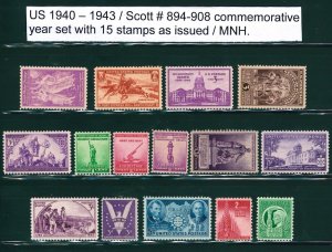 U.S. 1940, 1941, 1942, & 1943 Commemorative Year Set  # 894 - 908 15 MNH