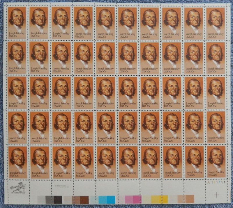 MALACK 2038 20c Joseph Priestly, VF OG NH, Full Shee..MORE.. sheet2038