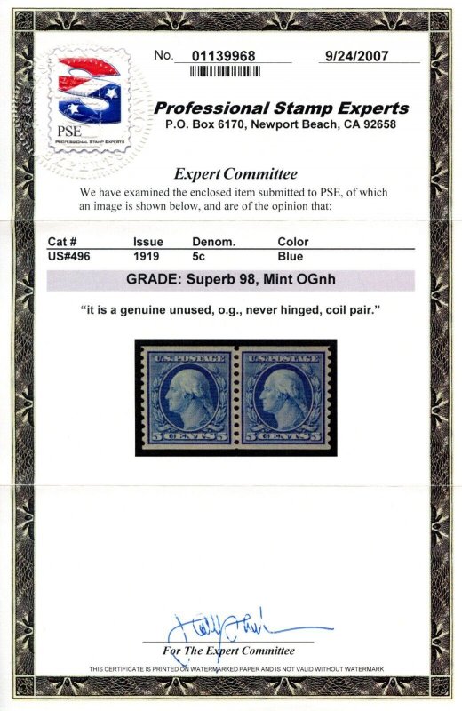 US SCOTT #496 PAIR MINT-SUPERB-OG-NH GRADED 98 W/ PSE CERT SMQ $275