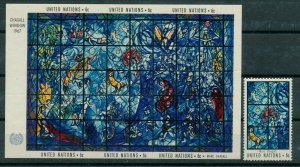 U.N 1967 WINDOWS BY CHAGALL S/SHEET + STAMP MNH 