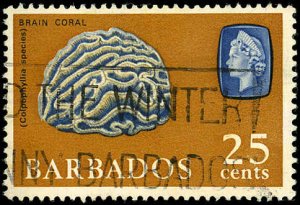BARBADOS Sc 276 F-VF/USED - 1965 25¢ Brain Coral & Queen Elizabeth