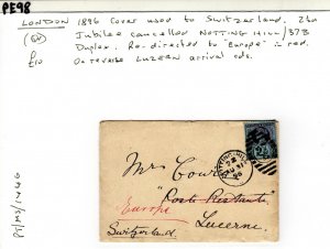 GB Cover London 2½d Jubilee Switzerland Lucerne Redirected 1896{samwells}PE98 