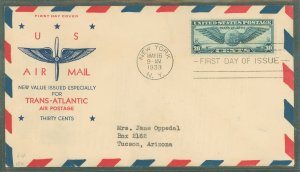 US C24 (1939) 30c Winged Globe (single) on a addressed (typed) First Day Cover with a Holland Cachet