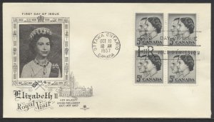 1957 #374 QEII Royal Visit FDC Block Rosecraft Cachet Ottawa