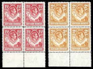 Northern Rhodesia 1938 KGVI 1½d & 2d matching blocks of four MNH. SG 29,31.