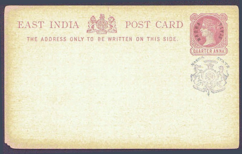 EAST INDIA Post Card  Black Nabha State & Crest Overprint ¼ Anna MNH