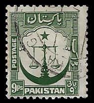 Pakistan #26 Used; 9p Scales, Star & Crescent (1948)