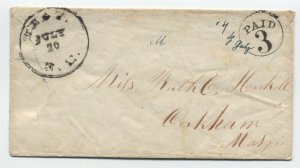 1850s Troy NH stampless cover black CDS, paid 3 in circle [6028.172]