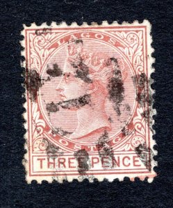 Lagos SC# 3   VF, Used, 1875 3p red brown, Queen Victoria, CV $45.00 ... 3380003