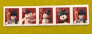 US SCOTT 3680,81,82,83,80 Coil - 37¢ Snow Man (6) -Strip of 5 P#G1111 - XF, MNH