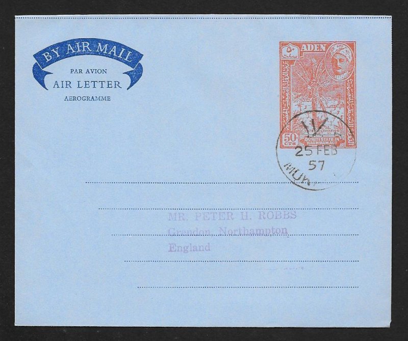 ADEN Aerogramme 50¢ King & Date Cultivation 1957 cancel to England!