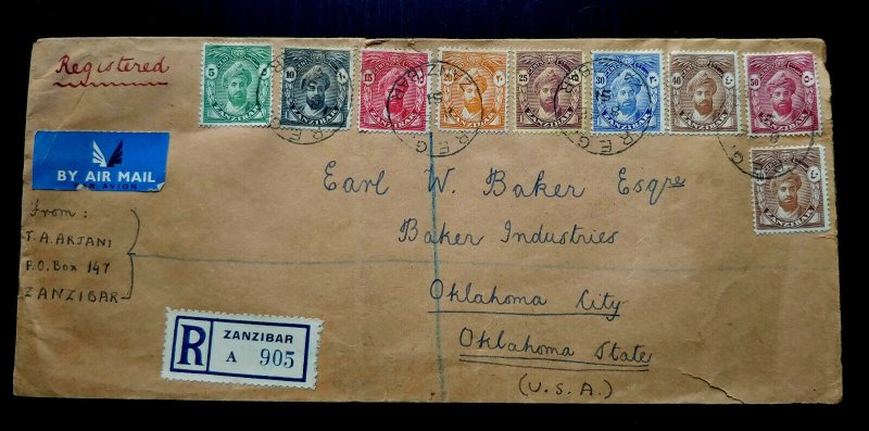 V.RARE ZANZIBAR “UNIQUE COMBINATION” 1951 “REGISTERED” POSTALY USED COVER TO USA