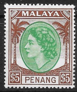 MALAYA PENANG SG43 1955 $5 GREEN & BROWN MTD MINT*
