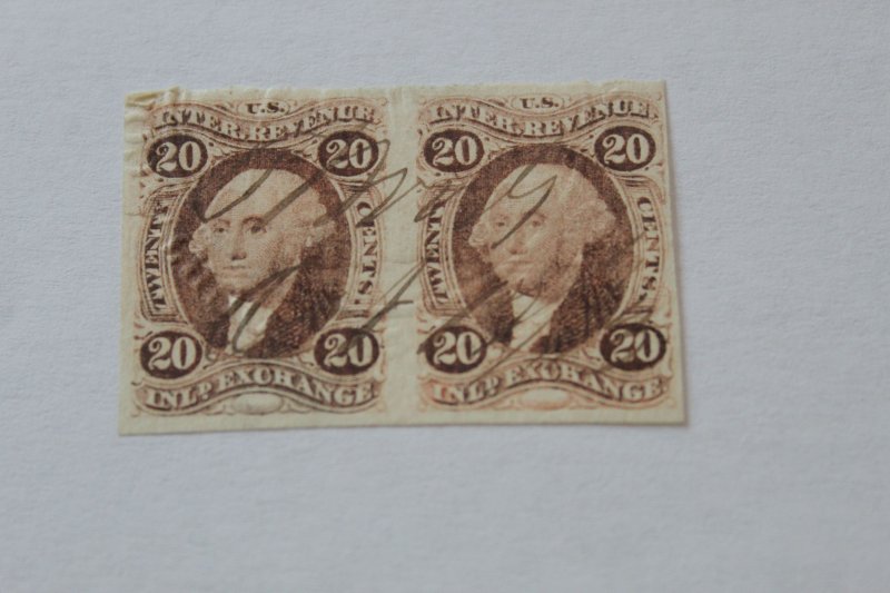 REVENUE : R42a  USED . IMPERFORATE PAIR  -20  CENT INLAND EXCHANGE
