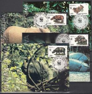 Indonesia, Scott cat. 1673 A-D. W.W.F. issue showing Rhinos on 4 Max. Cards. ^